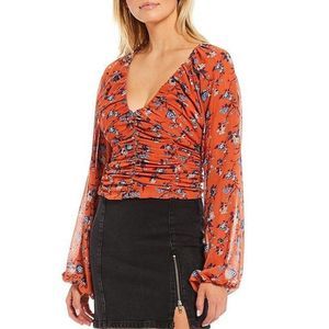 NWOT  Free People Rose Floral Print Deep V-Neck Long Balloon Sleeve Ruched T